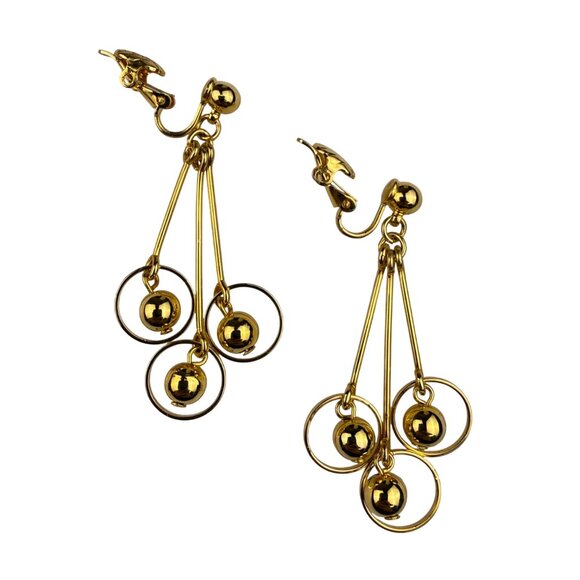Trifari Vintage Gold Tone Metal Dangling Clip-On Earrings Geometric Ball Design - Picture 2 of 3